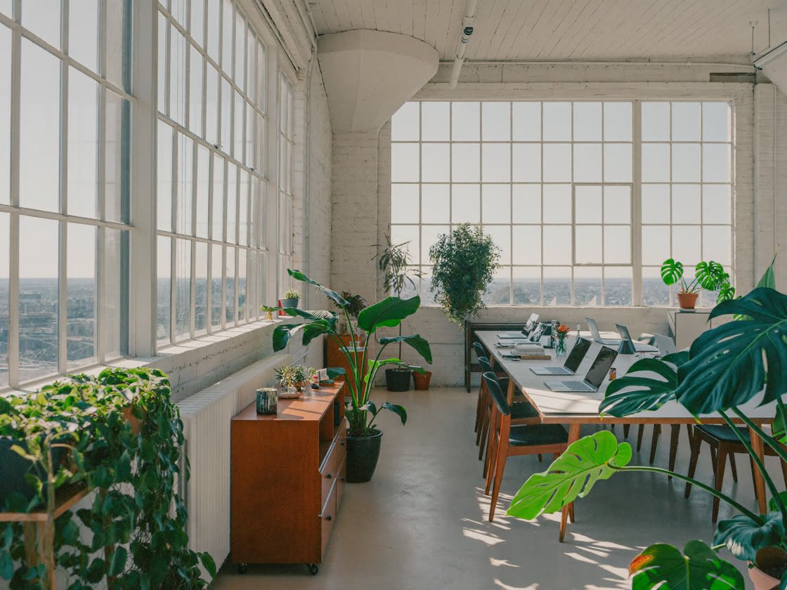 Bright airy loft with tall windows, white exposed brick, a long communal work table and daylight