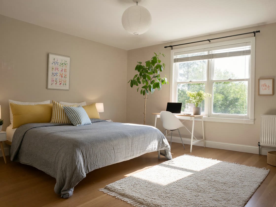 Bright private bedroom with a neatly made bed, a desk with a laptop, a plant and a daylight window